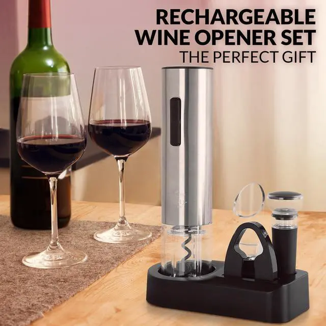 Alt view image 5 of 7 - Rechargeable Electric Wine Opener Set with Storage Base - Automatic Corkscrew Wine Bottle Opener, Pourer, Foil Cutter & Vacuum Stopper - Stainless Steel Wine Gift Set, Silver
