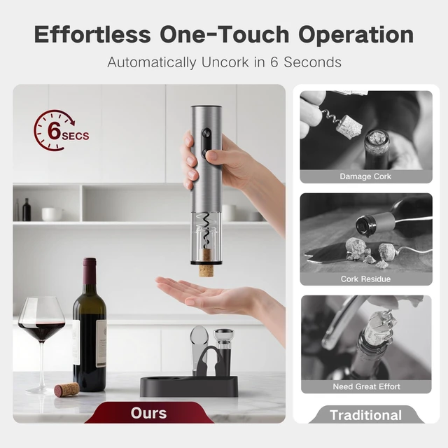 Alt view image 2 of 7 - Electric Wine Opener Rechargeable, BABONIR 6-in-1 Wine Gift Set | Stainless Steel, Vacuum Stopper, Automatic Bottle Opener, Foil Cutter, Wine Aerator, Storage Base, Wine Gifts for Parents