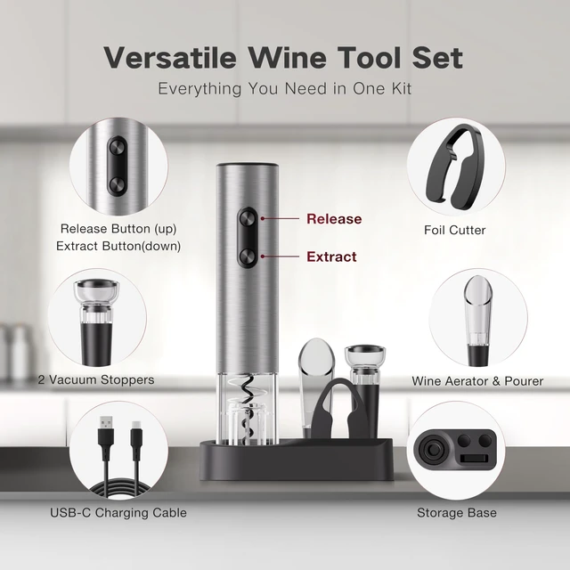 Alt view image 5 of 7 - Electric Wine Opener Rechargeable, BABONIR 6-in-1 Wine Gift Set | Stainless Steel, Vacuum Stopper, Automatic Bottle Opener, Foil Cutter, Wine Aerator, Storage Base, Wine Gifts for Parents