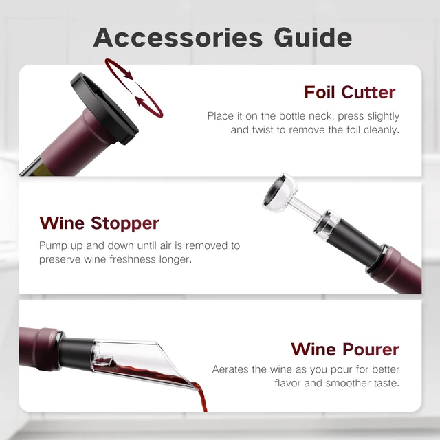 Alt view image 7 of 7 - Electric Wine Opener Rechargeable, BABONIR 6-in-1 Wine Gift Set | Stainless Steel, Vacuum Stopper, Automatic Bottle Opener, Foil Cutter, Wine Aerator, Storage Base, Wine Gifts for Parents