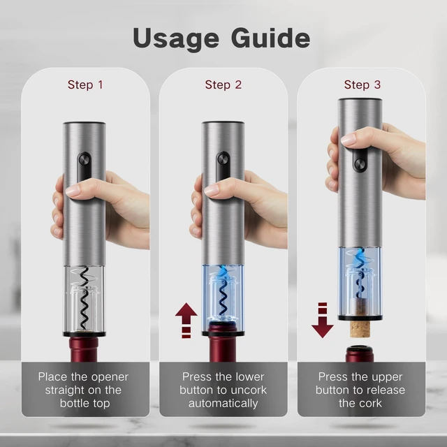 Alt view image 6 of 7 - Electric Wine Opener Rechargeable, BABONIR 6-in-1 Wine Gift Set | Stainless Steel, Vacuum Stopper, Automatic Bottle Opener, Foil Cutter, Wine Aerator, Storage Base, Wine Gifts for Parents