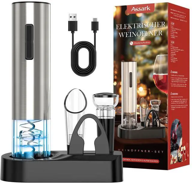 Main image of Electric Wine Opener,Rechargeable Automatic Wine Opener Corkscrew Opener Set With Wine Stopper, Foil Cutter, Wine Aerator,Storage Base & USB-C Cable Christmas Gifts for Wine Lovers