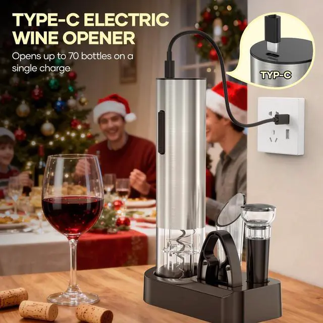 Alt view image 2 of 7 - Electric Wine Opener,Rechargeable Automatic Wine Opener Corkscrew Opener Set With Wine Stopper, Foil Cutter, Wine Aerator,Storage Base & USB-C Cable Christmas Gifts for Wine Lovers