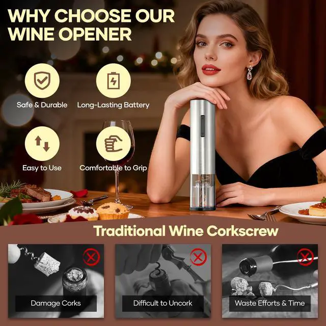 Alt view image 3 of 7 - Electric Wine Opener,Rechargeable Automatic Wine Opener Corkscrew Opener Set With Wine Stopper, Foil Cutter, Wine Aerator,Storage Base & USB-C Cable Christmas Gifts for Wine Lovers