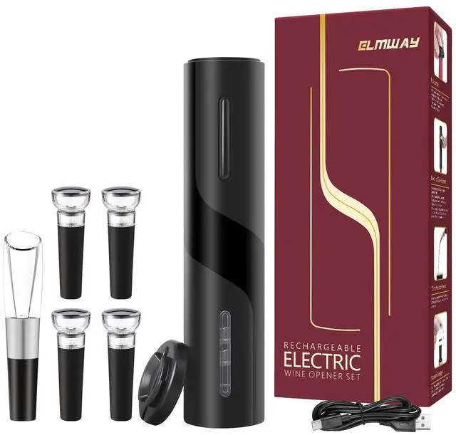 Main image of Electric Wine Opener Set by ELMWAY - Rechargeable Wine Bottle Opener & Corkscrew with Foil Cutter / 4 x Vacuum Stoppers/Premium Wine Aerator Pourer, Ideal Wine Gifts for Wine Lovers - Black