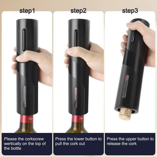 Alt view image 4 of 6 - Electric Wine Opener Set by ELMWAY - Rechargeable Wine Bottle Opener & Corkscrew with Foil Cutter / 4 x Vacuum Stoppers/Premium Wine Aerator Pourer, Ideal Wine Gifts for Wine Lovers - Black