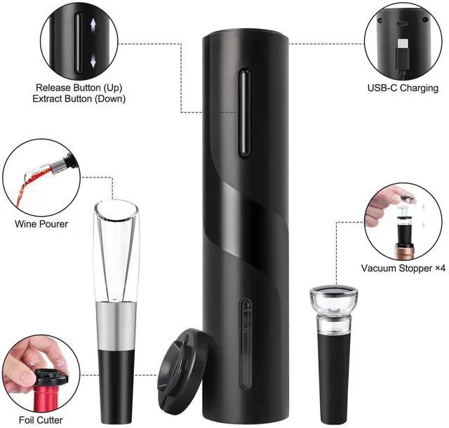 Alt view image 6 of 6 - Electric Wine Opener Set by ELMWAY - Rechargeable Wine Bottle Opener & Corkscrew with Foil Cutter / 4 x Vacuum Stoppers/Premium Wine Aerator Pourer, Ideal Wine Gifts for Wine Lovers - Black