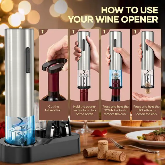 Alt view image 4 of 7 - Electric Wine Opener,Rechargeable Automatic Wine Opener Corkscrew Opener Set With Wine Stopper, Foil Cutter, Wine Aerator,Storage Base & USB-C Cable Christmas Gifts for Wine Lovers