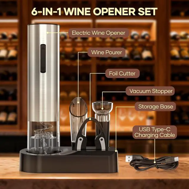 Alt view image 5 of 7 - Electric Wine Opener,Rechargeable Automatic Wine Opener Corkscrew Opener Set With Wine Stopper, Foil Cutter, Wine Aerator,Storage Base & USB-C Cable Christmas Gifts for Wine Lovers