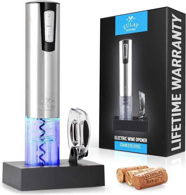 Main image of Electric Wine Opener with Charging Base & Foil Cutter - Rechargeable Automatic Corkscrew Wine Bottle Opener for Natural & Synthetic Corks - Stainless Steel Silver