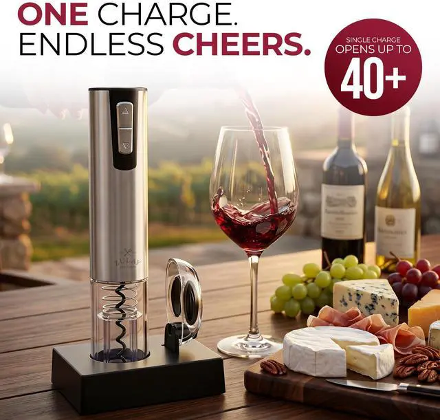 Alt view image 4 of 7 - Electric Wine Opener with Charging Base & Foil Cutter - Rechargeable Automatic Corkscrew Wine Bottle Opener for Natural & Synthetic Corks - Stainless Steel Silver