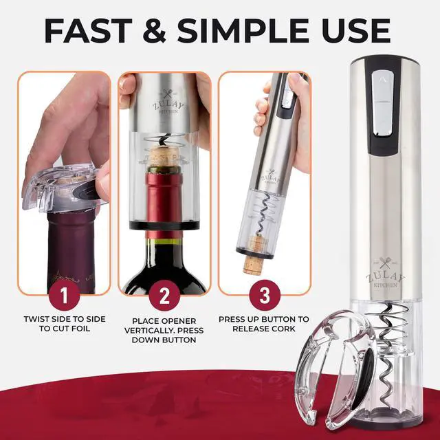 Alt view image 5 of 7 - Electric Wine Opener with Charging Base & Foil Cutter - Rechargeable Automatic Corkscrew Wine Bottle Opener for Natural & Synthetic Corks - Stainless Steel Silver