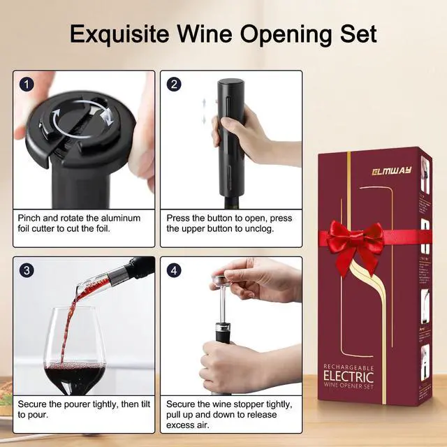Alt view image 3 of 6 - Electric Wine Opener Set by ELMWAY - Rechargeable Wine Bottle Opener & Corkscrew with Foil Cutter / 4 x Vacuum Stoppers/Premium Wine Aerator Pourer, Ideal Wine Gifts for Wine Lovers - Black
