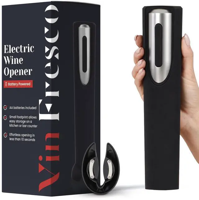 Main image of Electric Wine Opener Battery Operated with Stand and Built-in Foil Cutter - Automatic Wine Opener - Electric Corkscrew for Easy Cork Removal - Best Gift for Wine Lover (Black & Silver)