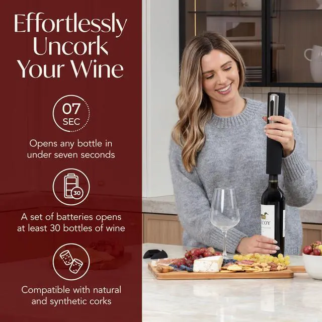 Alt view image 2 of 7 - Electric Wine Opener Battery Operated with Stand and Built-in Foil Cutter - Automatic Wine Opener - Electric Corkscrew for Easy Cork Removal - Best Gift for Wine Lover (Black & Silver)