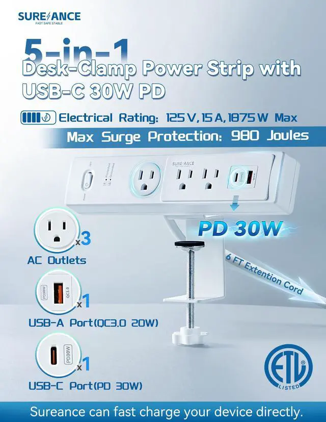 Alt view image 2 of 6 - 50W Desk Clamp Power Strip with USB-C 30W PD, Desktop Mount Surge Protector, Fits Max 2.5" Table Edge, 980J Surge Protector, 20W USB A, 6FT Extension Cord, Fast Charging Station (White)