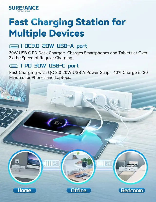 Alt view image 4 of 6 - 50W Desk Clamp Power Strip with USB-C 30W PD, Desktop Mount Surge Protector, Fits Max 2.5" Table Edge, 980J Surge Protector, 20W USB A, 6FT Extension Cord, Fast Charging Station (White)