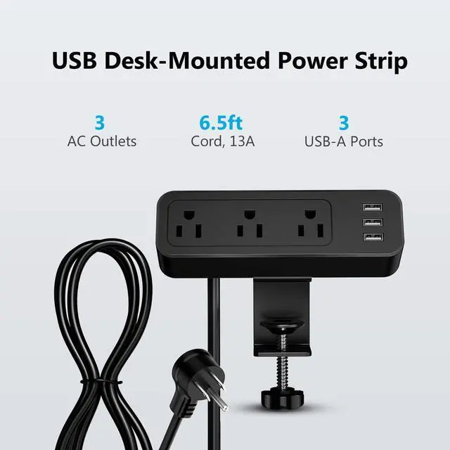 Alt view image 2 of 6 - Desk Power Strip Desk Clamp Power Strip, Desk Mount USB Charging Power Station, Desk Multi-Outlets, 3 AC Outlets 6.5 ft Extension Cord Desktop Charging Clamp for Home Office Workshop