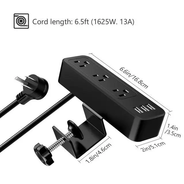 Alt view image 5 of 6 - Desk Power Strip Desk Clamp Power Strip, Desk Mount USB Charging Power Station, Desk Multi-Outlets, 3 AC Outlets 6.5 ft Extension Cord Desktop Charging Clamp for Home Office Workshop