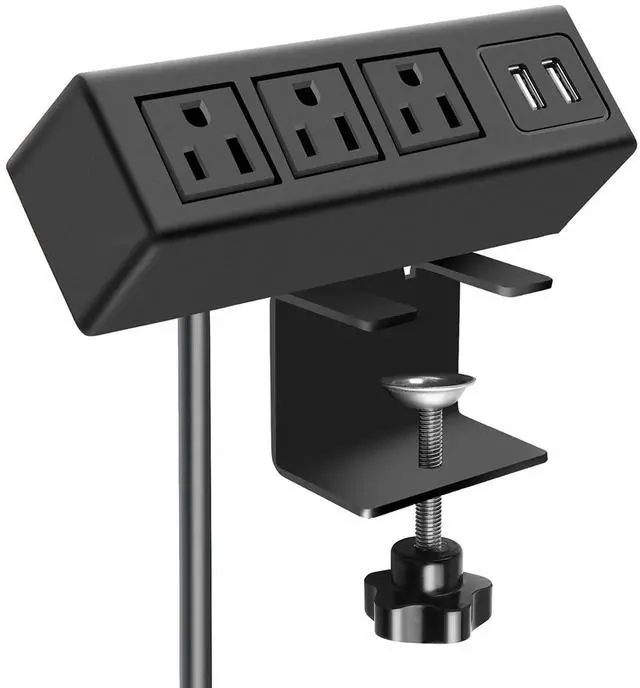 Main image of 3 Outlet Desk Clamp Power Strip with USB Ports, Desktop Power Strip Surge Protector 1200J. Table Mount Charging Power Station, on Edge Power Outlet 125V 12A 1500W