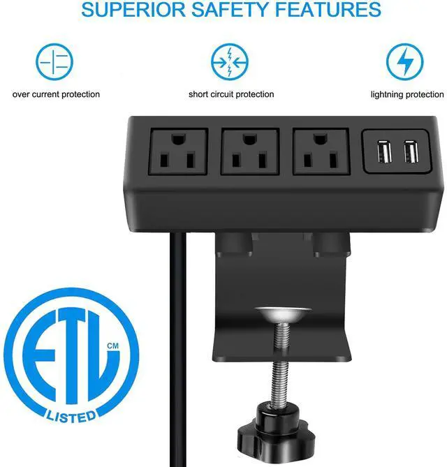 Alt view image 2 of 7 - 3 Outlet Desk Clamp Power Strip with USB Ports, Desktop Power Strip Surge Protector 1200J. Table Mount Charging Power Station, on Edge Power Outlet 125V 12A 1500W
