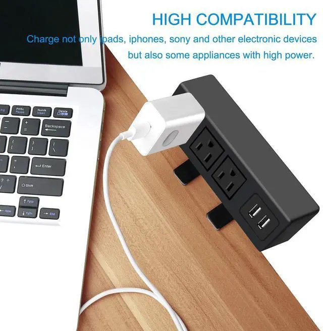 Alt view image 6 of 7 - 3 Outlet Desk Clamp Power Strip with USB Ports, Desktop Power Strip Surge Protector 1200J. Table Mount Charging Power Station, on Edge Power Outlet 125V 12A 1500W
