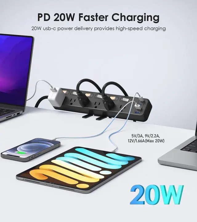 Alt view image 3 of 7 - Desk Clamp Power Strip with 20W 4 USB, 6 Individual Switches, 6 FT