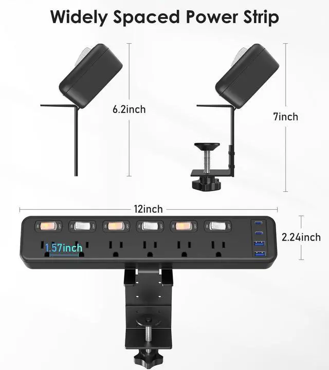 Alt view image 7 of 7 - Desk Clamp Power Strip with 20W 4 USB, 6 Individual Switches, 6 FT