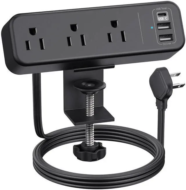 Main image of 3 Outlet Desk Clamp Power Strip with USB C, Black Flat Plug Desktop Edge Clamp Power Socket Connect 6.5 ft Thin Extension Cord for 1.6 inch Tables