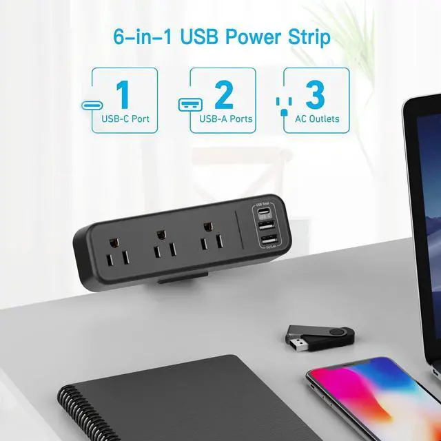 Alt view image 3 of 7 - 3 Outlet Desk Clamp Power Strip with USB C, Black Flat Plug Desktop Edge Clamp Power Socket Connect 6.5 ft Thin Extension Cord for 1.6 inch Tables