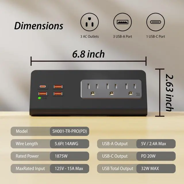 Alt view image 6 of 7 - Upgraded Version Edge Mount Power Strip with USB-C Ports Tabletop Surge Protector Desk Clamp Power Sockets with 3 AC Outlets &4 Fast Charging USB Ports for Home Office Hotel Dormitory (Black - 1pack)