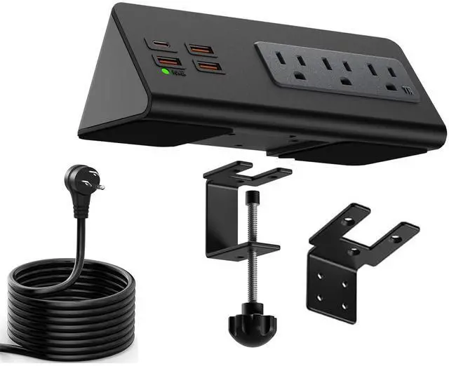 Main image of Upgraded Version Edge Mount Power Strip with USB-C Ports Tabletop Surge Protector Desk Clamp Power Sockets with 3 AC Outlets &4 Fast Charging USB Ports for Home Office Hotel Dormitory (Black - 1pack)