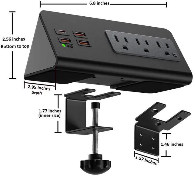 Alt view image 2 of 7 - Upgraded Version Edge Mount Power Strip with USB-C Ports Tabletop Surge Protector Desk Clamp Power Sockets with 3 AC Outlets &4 Fast Charging USB Ports for Home Office Hotel Dormitory (Black - 1pack)