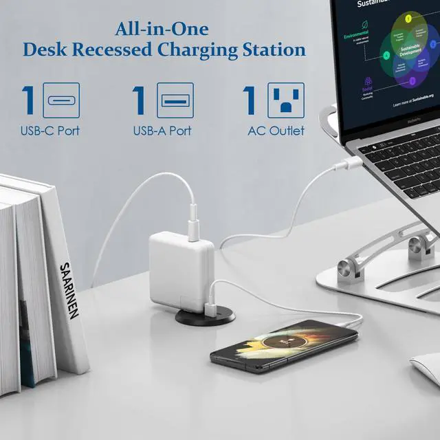 Alt view image 3 of 7 - 2 inch Desktop Power Grommet with PD 20W USB C,Ultra Thin Flat Plug Power Strip,Recessed Outlet,Slim Outlet Extender for Office,Table Outlets for Home, Office,6 ft Cable(Black)