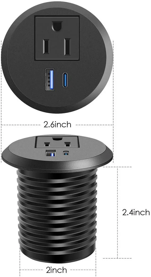 Alt view image 6 of 7 - 2 inch Desktop Power Grommet with PD 20W USB C,Ultra Thin Flat Plug Power Strip,Recessed Outlet,Slim Outlet Extender for Office,Table Outlets for Home, Office,6 ft Cable(Black)
