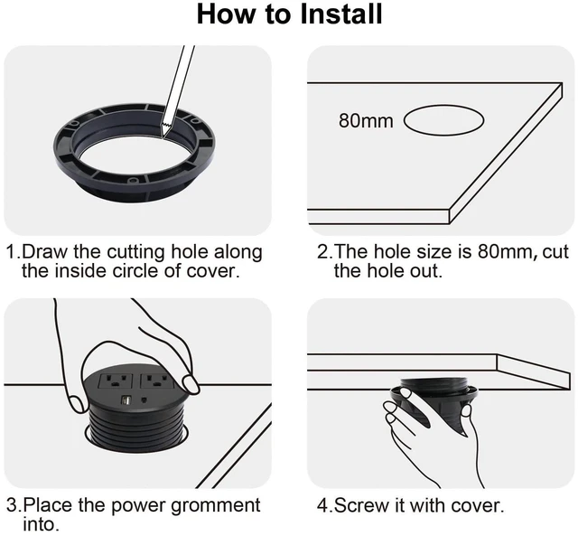 Alt view image 3 of 7 - 20W USB-C Fast Charge Recessed Power Grommet, 3.15 inch Flush Mount Desk Outlet with 6.5 FT Extension Cord, Space-Saving Countertop Power Strip for Home Office School Hotel