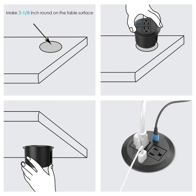 Alt view image 6 of 6 - Recessed Power Grommet with AC Outlets, 20W USB-C,Flush-Mount,Black 3inch Hole Flush-Mount for Desktop,Workspace Essential Desk Outlet,ETL Listed
