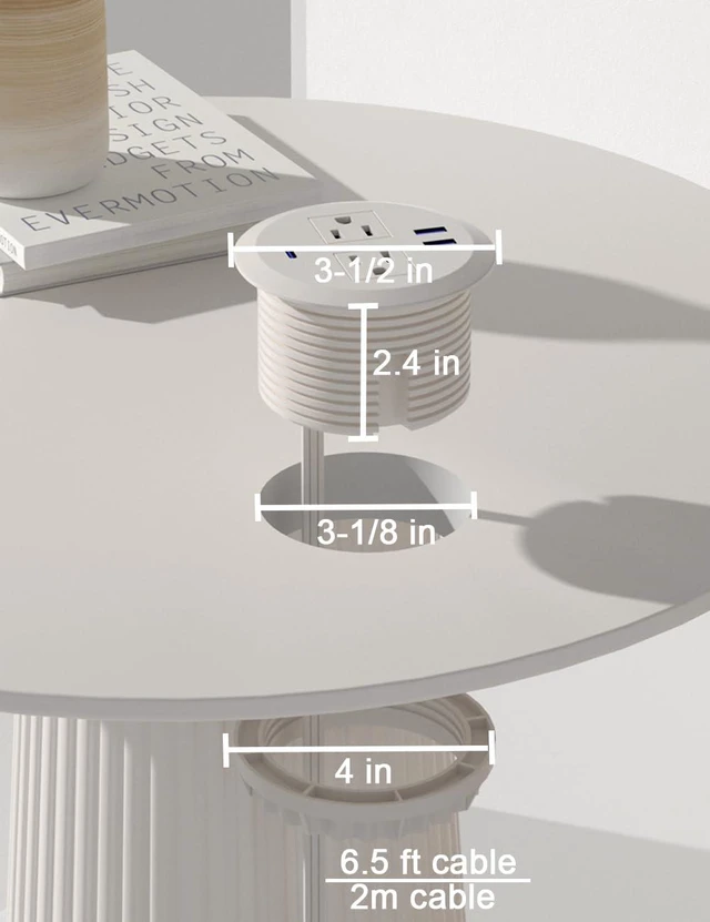 Alt view image 4 of 6 - 3-inch Desktop Power Grommet,2-Pack,PD20W USB-C,6.5-ft Cord,White Fast Charging,Easy Install,Fits 3-1/8-in Hole,Flush Mount Desk Outlet,Desk Organizer,Home Office Essentials,ETL Listed