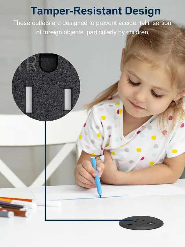 Alt view image 3 of 6 - 3.15 inch Desktop Power Grommet with Cable Hole,20W USB-C Port (2-Pack) | Tamper-Resistant Design,Cable Hole,Recessed Power Grommet with 3 USB Ports,Black