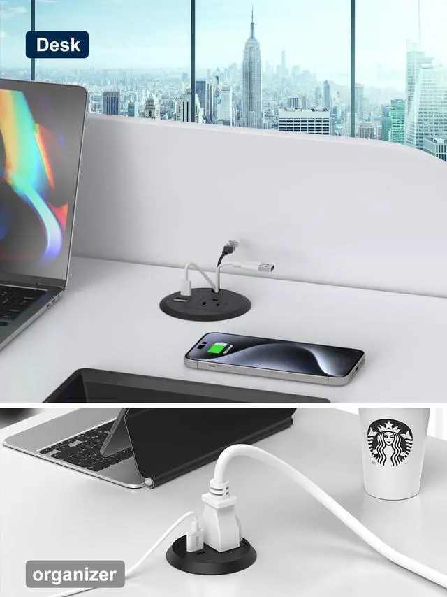 Alt view image 5 of 6 - 3.15 inch Desktop Power Grommet with Cable Hole,20W USB-C Port (2-Pack) | Tamper-Resistant Design,Cable Hole,Recessed Power Grommet with 3 USB Ports,Black