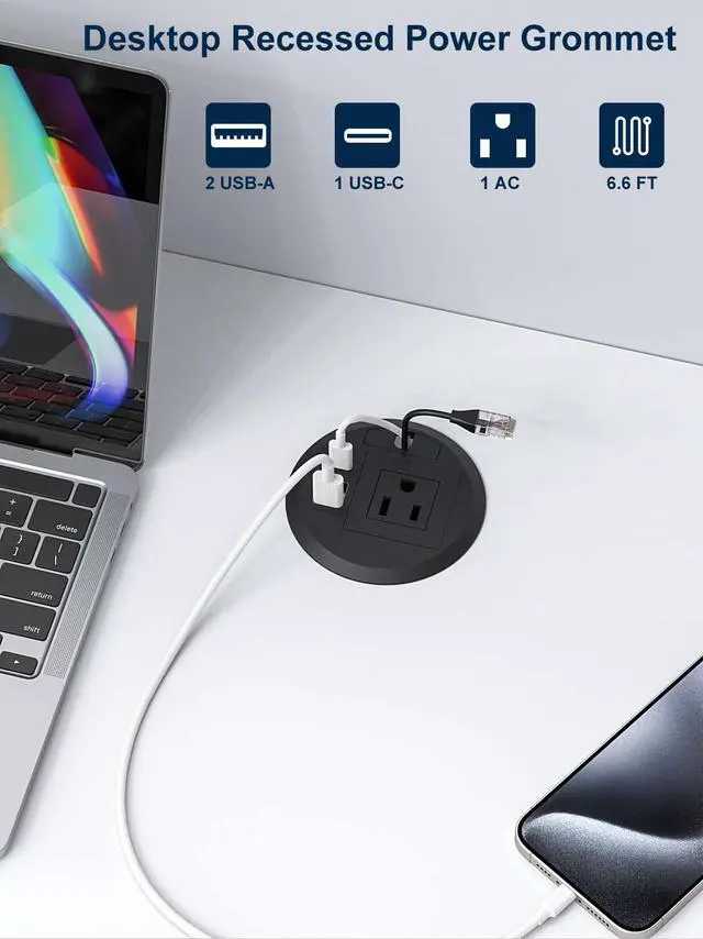 Alt view image 2 of 6 - 3.15 inch Desktop Power Grommet with Cable Hole,20W USB-C Port (2-Pack) | Tamper-Resistant Design,Cable Hole,Recessed Power Grommet with 3 USB Ports,Black