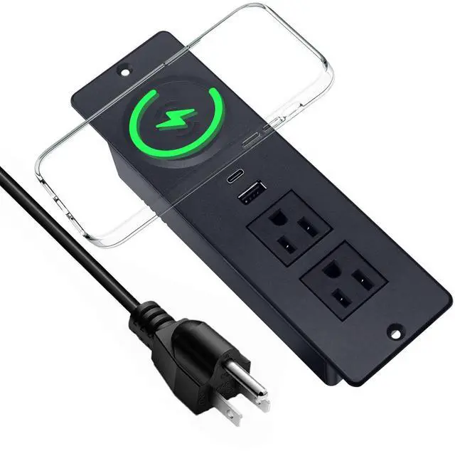 Main image of Recessed Power Strip with 15W Wireless Charger,Furniture Recessed Outlet with USB C Fast Charging,Desktop Charging Station & 2 Outlets,2 USB Ports Table Power Strip for Furniture, Home, Office