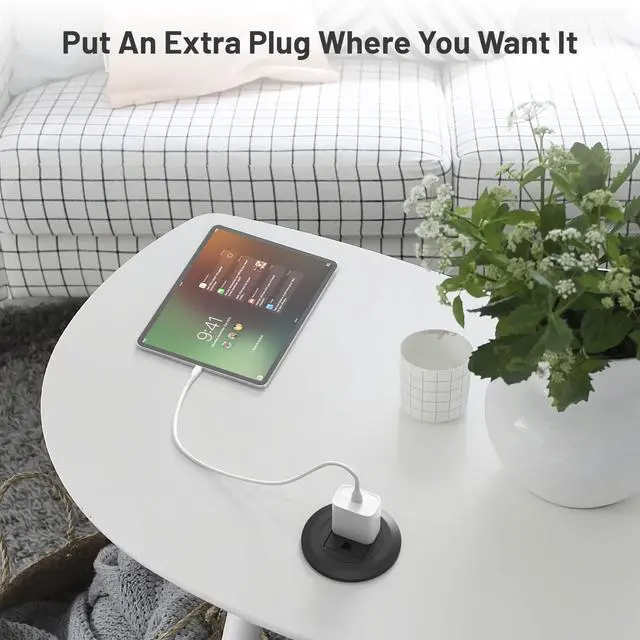 Alt view image 7 of 7 - Mini Desktop Power Hub Grommet Socket, Flush-Mount Desk Outlet Build-in 1 US Standard Outlet with 6.56 FT Extension Power Cord, Recessed Power Strip Socket for Desk Nightstand Cabinet Counter