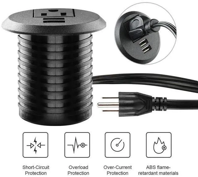 Alt view image 3 of 6 - Desktop Power Grommet,2inch Hole Table Power Grommet Outlet with 2 USB Charging Ports,6.5ft Extension Cord Desk Power Strip with 1 Outlets for Computer,Table, Kitchen, Office,Home,Hotel and More