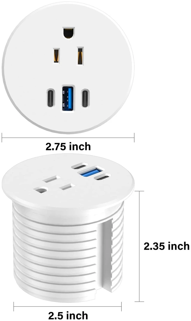 Alt view image 6 of 6 - 2.5 inch Power Grommet,20W USB-C Charging,1 Outlet with 2 USB C,1 USB Port,Furniture Flush Mount for Desktop,Recessed Power Strip,Workspace Essential Desk Outlet,2PCS (White, 2 PCS-6FT Cord)
