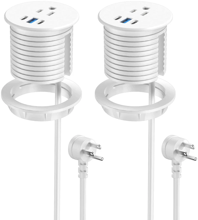 Main image of 2.5 inch Power Grommet,20W USB-C Charging,1 Outlet with 2 USB C,1 USB Port,Furniture Flush Mount for Desktop,Recessed Power Strip,Workspace Essential Desk Outlet,2PCS (White, 2 PCS-6FT Cord)