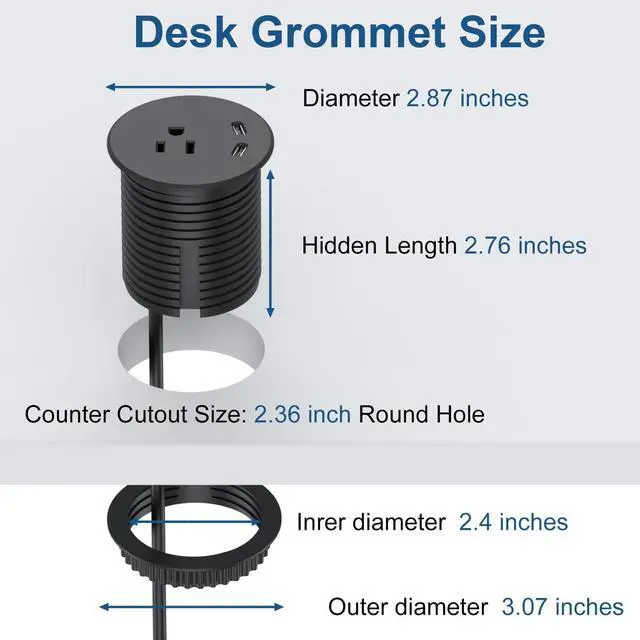Alt view image 3 of 7 - Desk Power Grommet, Recessed Power Strip with AC Outlet & 2X PD 20W USB C | 6.56FT Cable | 2.36"(60mm) Cut Hole| for Modern Desk, Kitchen Island & Workshop, Black