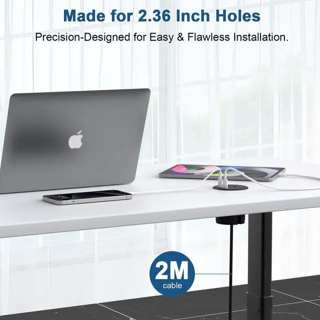 Alt view image 7 of 7 - Desk Power Grommet, Recessed Power Strip with AC Outlet & 2X PD 20W USB C | 6.56FT Cable | 2.36"(60mm) Cut Hole| for Modern Desk, Kitchen Island & Workshop, Black