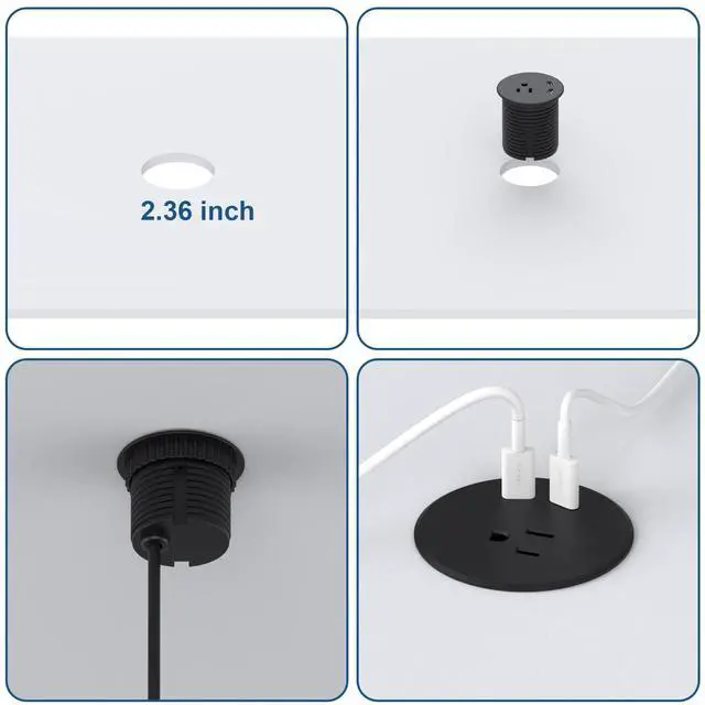 Alt view image 5 of 7 - Desk Power Grommet, Recessed Power Strip with AC Outlet & 2X PD 20W USB C | 6.56FT Cable | 2.36"(60mm) Cut Hole| for Modern Desk, Kitchen Island & Workshop, Black