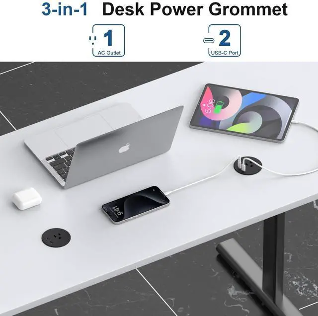 Alt view image 2 of 7 - Desk Power Grommet, Recessed Power Strip with AC Outlet & 2X PD 20W USB C | 6.56FT Cable | 2.36"(60mm) Cut Hole| for Modern Desk, Kitchen Island & Workshop, Black